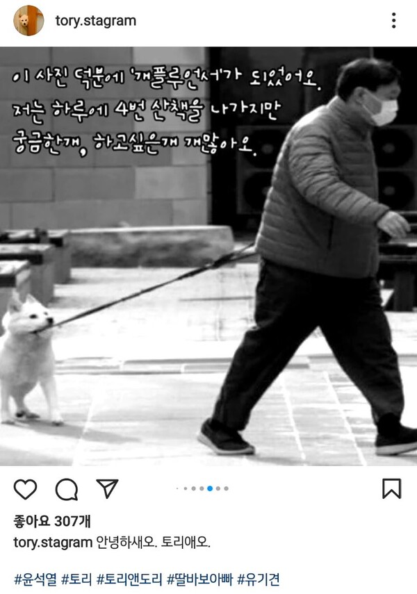 ⓒ지금은 잠시 폐쇄된 윤 후보 반려견 '토리'가 주인공인 인스타그램 계정 